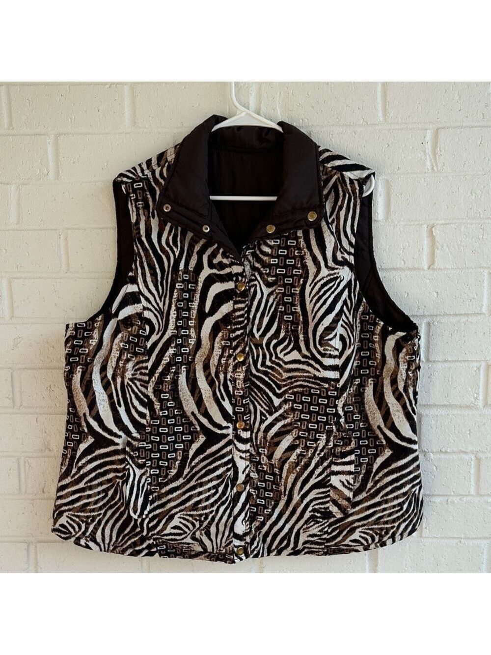 Casual Identity Zebra Print Button-Up Reversible Vest Size 2X Black Brown White